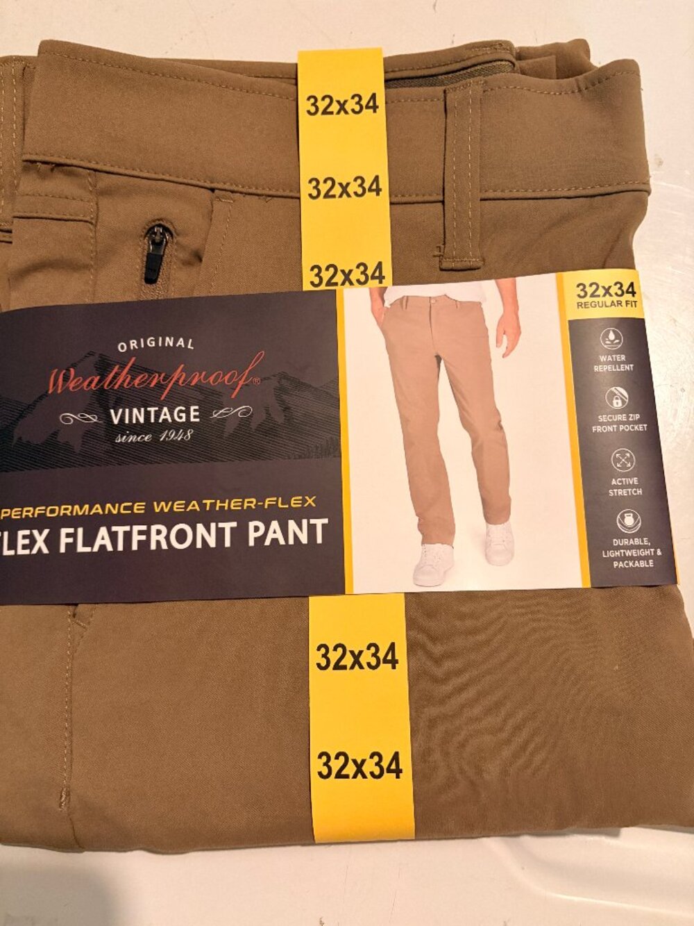 Weatherproof Mens Flex Flatfront Pants Khaki Tan Weather-Flex Work Pants 32x34